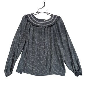 Loft Dotted Smocked Mixed Media Blouse Top Sz M Gray Ruffle, Long Puff Sleeve
